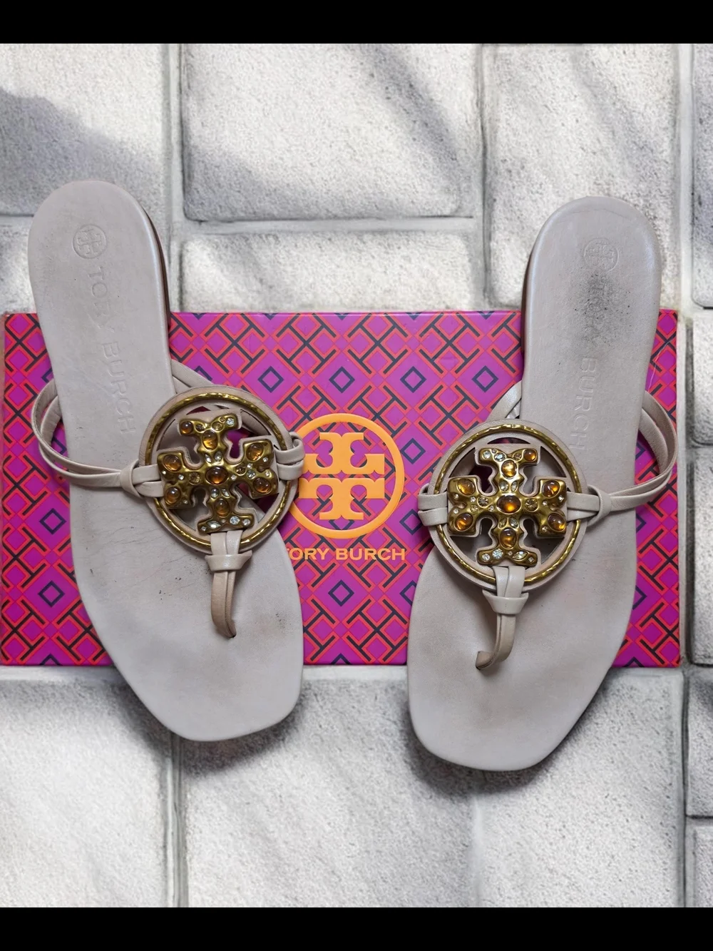 Tory Burch Light Taupe Miller Thong Sandals with Gold Logo Medallions